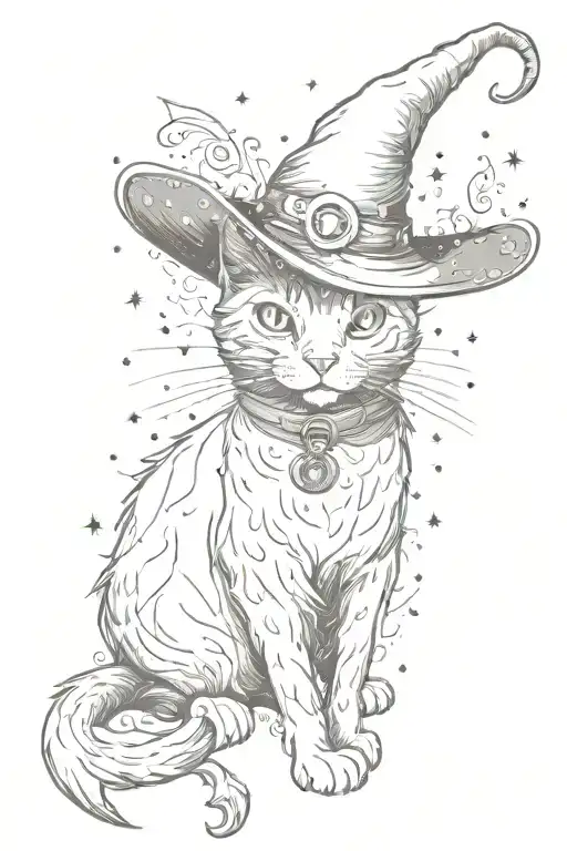 Detailed Body Full Cat With Witch Hat And Sparkles Around