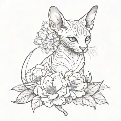 Sphinx Cat With Peony Flowers In Graphic Style
