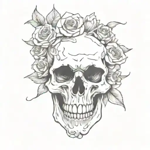 Scary Skull Surrounded By Roses Intertwined Within The Skulls Mouth Eyes In Black And White