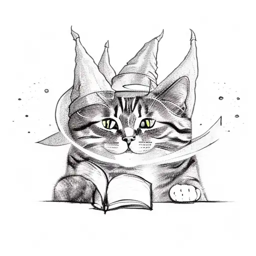 A Whimsical Sketch Of A Cat Wearing A Wizard Hat Casting A Spell