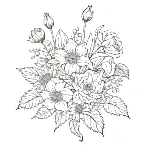 Birthflowers June July April Line Art Style Bouquet