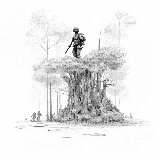 A Sketch-style Design Depicting A Soldier Standing Tall Amidst A Dense Caatinga Forest