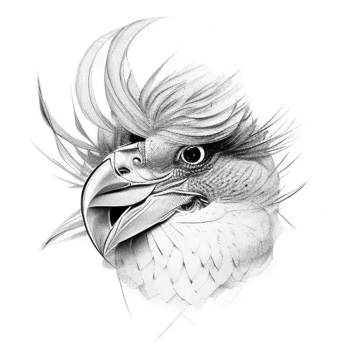 Red Feathered Bird Head Transforming Into Woman's Face