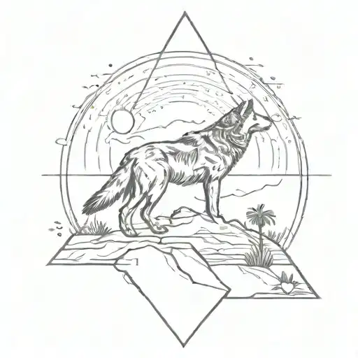 Wolf Howling At The Moon In A Desert Landscape Inside Of An Upsidedown Triangle