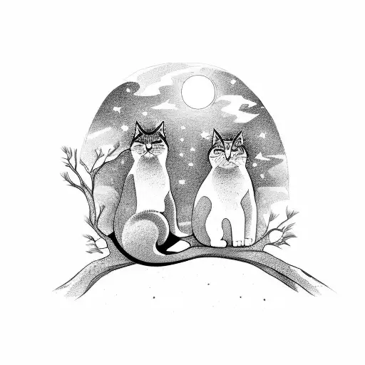 A Deep Conversation Between Two Cats Sitting On A Tree Branch Under A Starry Night Sky
