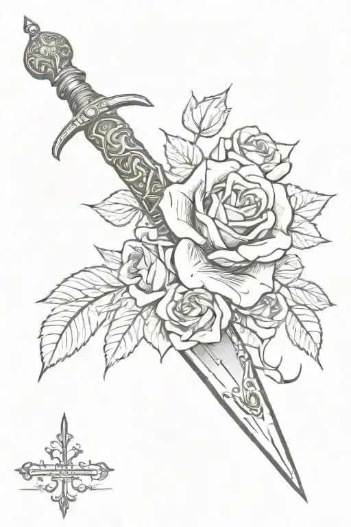 Tattoo Of Sword With Roses And Thorns Intertwined Within