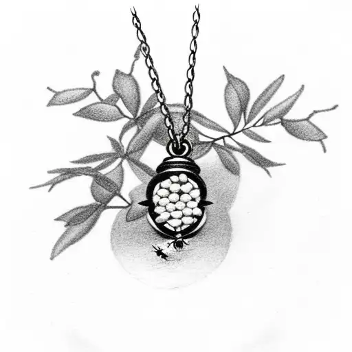 Rosary Necklace In Front Of A Crape Myrtle Tree In The Backround With A Bee On It