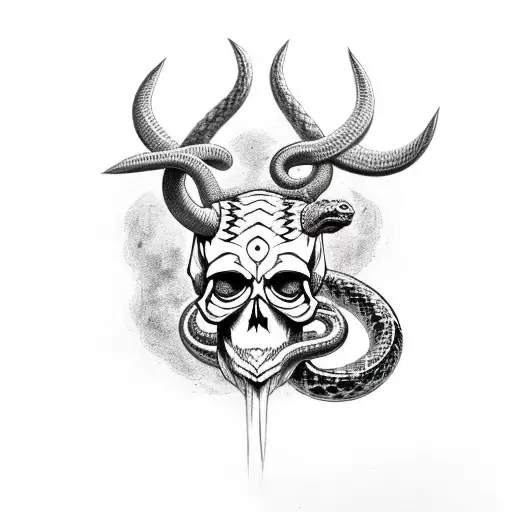 Ash Skull With 6 Horns And A Snake Around The Neck