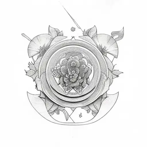 A Sketch-style Tattoo Featuring Regional Symbols And Delicate Floral Patterns