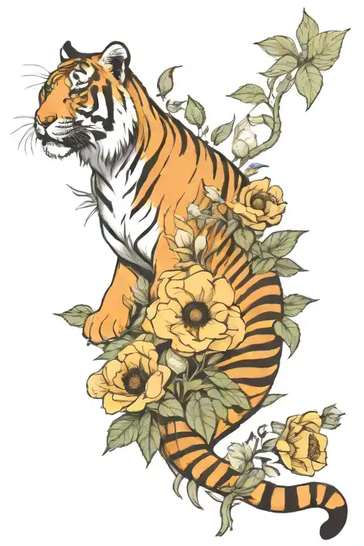 Full Body Tiger And Poppy Flowers
