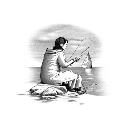 Fishing Near Lighhouse And Woman Sitting Knitting