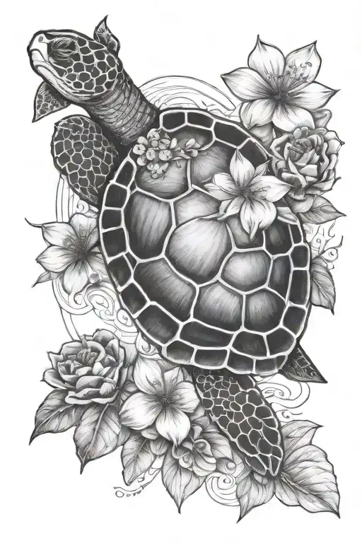 Baby Turtle With Asian Flowers In Background