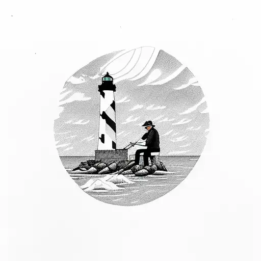 Man Fishing Near Lighthouse And Woman Sitting Knitting