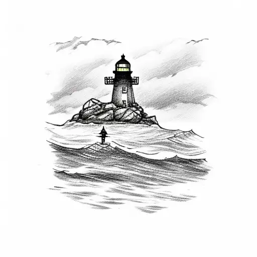 Man Fishing On Rocks With Lighthouse In The Background