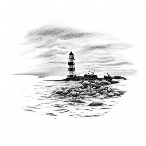 Man Fishing On Rocks At The Front With Lighthouse In The Background