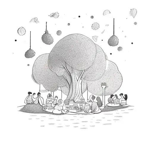 A Whimsical Illustration Of Your Family And Friends Having A Picnic In A Magical Forest