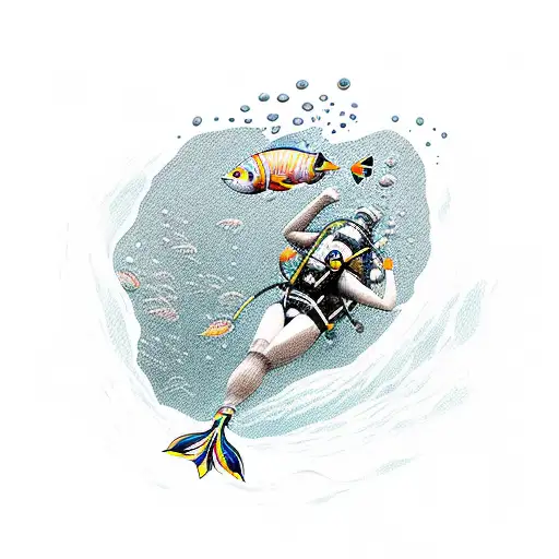 A Diver Descending Into The Depths With A School Of Colorful Fish