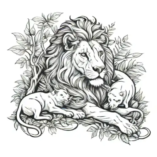 A Sketch Style Tattoo Of A Lion Lounging In A Forest Surrounded By Puppies