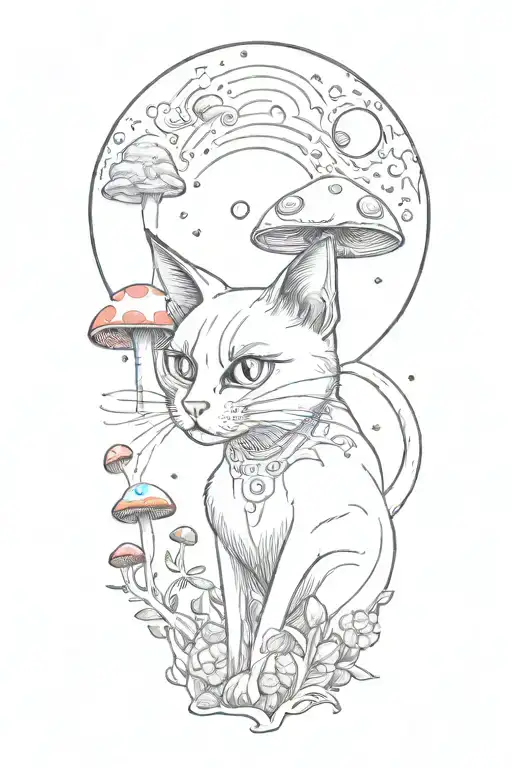 Black Cat With 3 Eye Balls And Trippy Colorful Mushrooms With Moon Melting