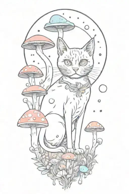 Black Cat With 3 Eye Balls And Trippy Colorful Mushrooms With Moon Melting