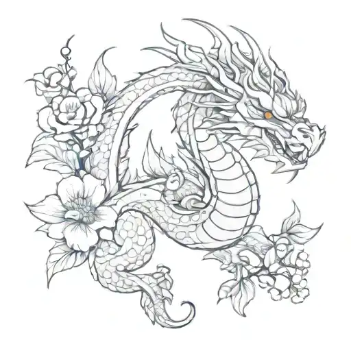 Full Body Small Dragon Tattoo With Flowers Going