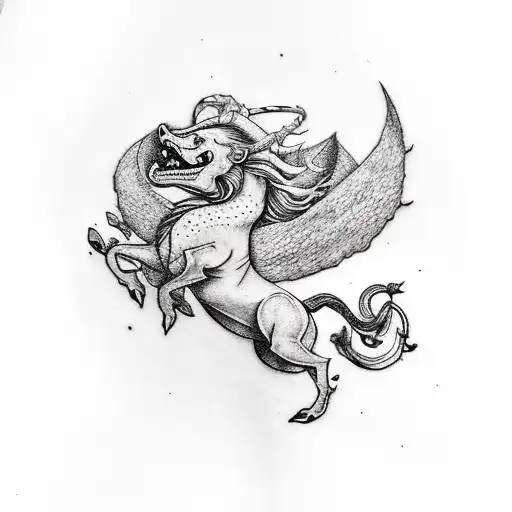 A Whimsical Tattoo Of Falkor From Never Ending Story Riding A Horse Through A Musical Forest