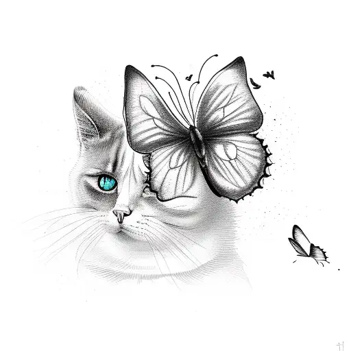 A Minimalist Design Of A Cat And A Dog Playing Together With A Butterfly Flying Above Them