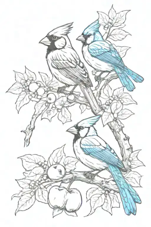A Cardinal And A Blue Jay Perched On An Apple Tree Branch
