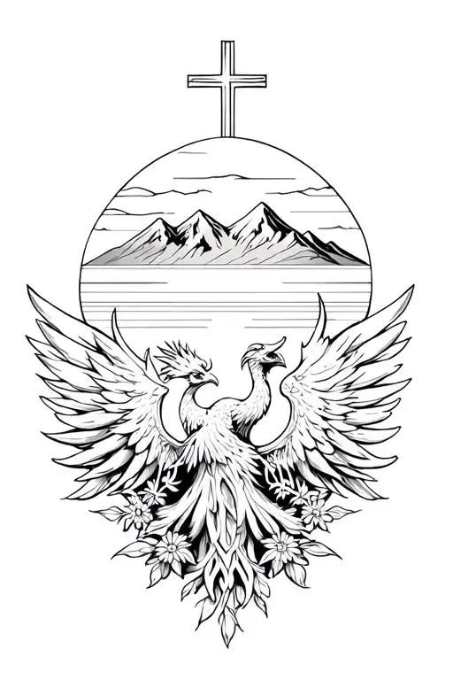Floral Negative Space Band With Angry Pheonix Above And Mountain Sunset Cross At The Top