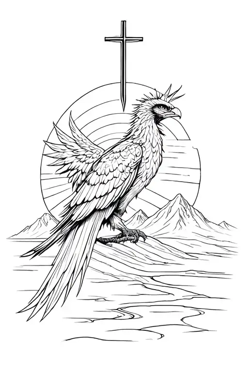 Fierce Fine Line Phoenix With A Linework Sunset Mountains In The Background And A Cross At The Top