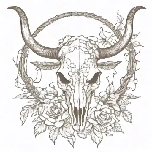 Longhorn Skull With Flowers Intertwined With Vines And Feathers On Each Side With A Dream Catcher