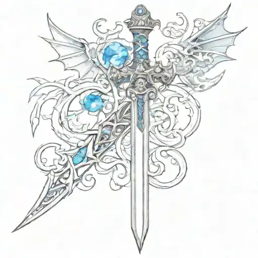 Vertical Sword With Blue Gemstone In The Hilt With Three Small Flying Dragons