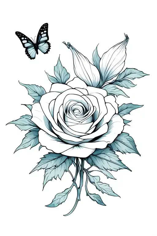 White Rose And Lily Tattoo With Two Butterflies Flying