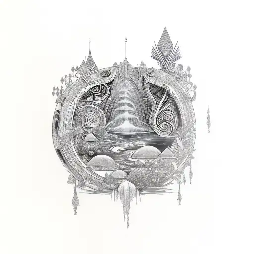 An Intricately Detailed Maori-inspired Design Incorporating Elements Of Nature And Waterfalls