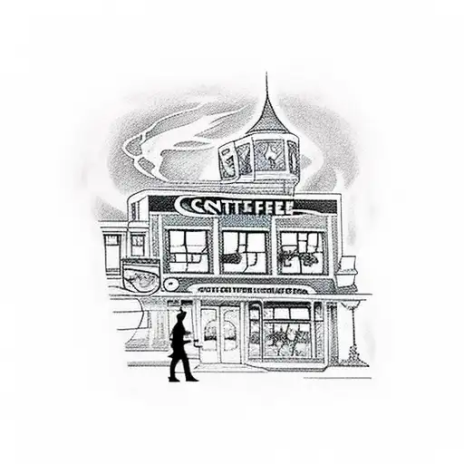 A Tattoo Of The Iconic Central Perk Coffee Shop From Friends With A Silhouette Of The Cast