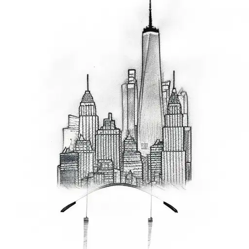 A Sketch-style Tattoo Of The New York City Skyline With A Plane Flying Above It
