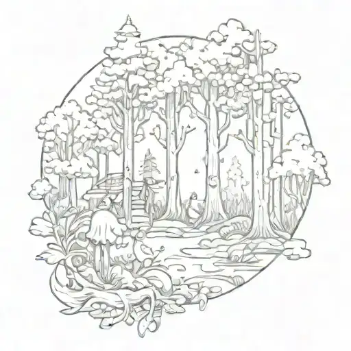 A Sketch Style Tattoo Of A Whimsical Forest Scene With Your Daughters Playing Amongst The Trees