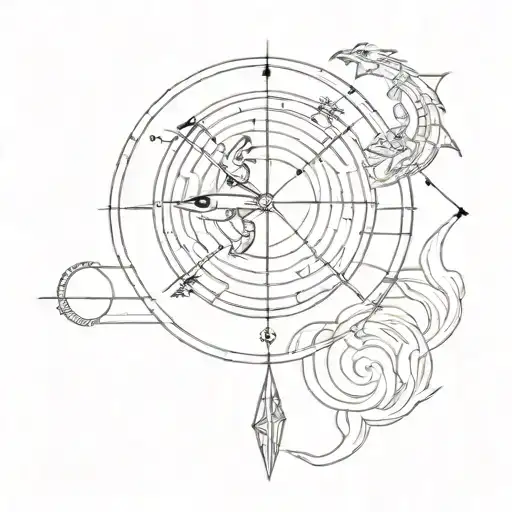 A Minimalist Tattoo Half Compass Half Planet With Sun Shining And A Little Dragon Flying Across