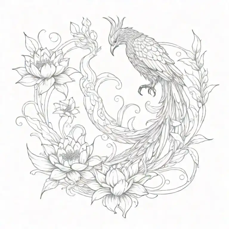 Phoenix With Long Tail And Water Lillies In The Back