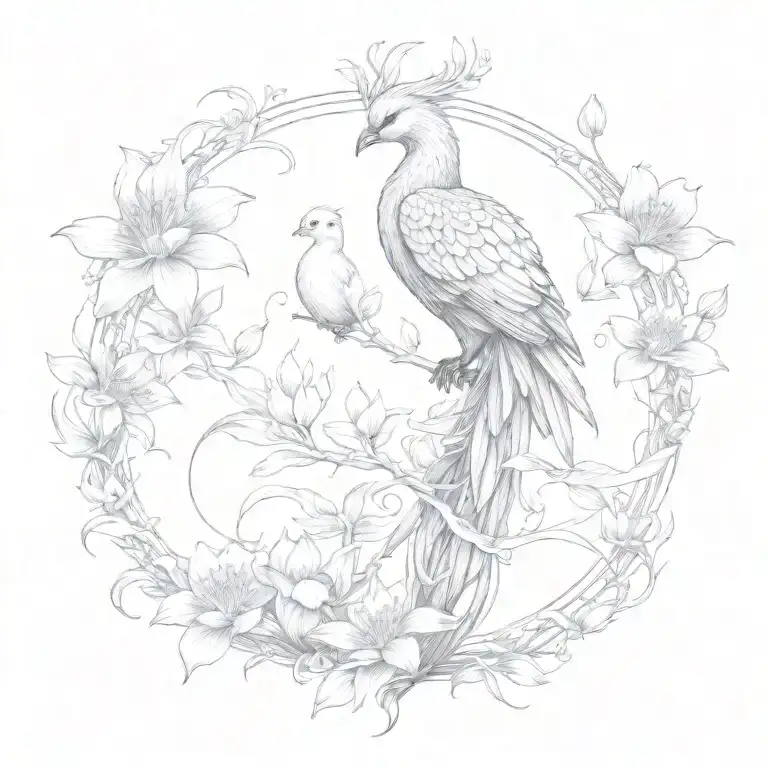 Phoenix With Long Tail And Water Lillies In The Back