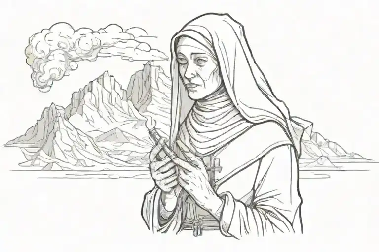 Girl Nun In The Photo Of The Mountain In The Hands Of A Cigarette