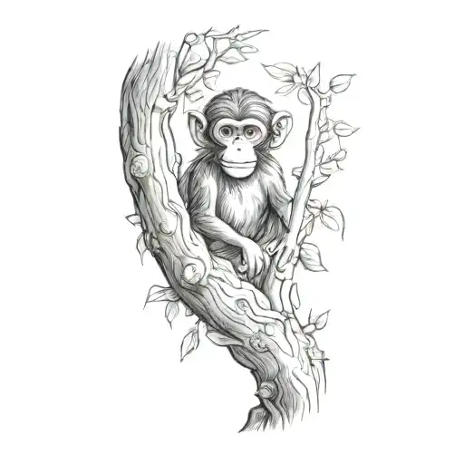 A Monkey Peeking Out Of A Tree