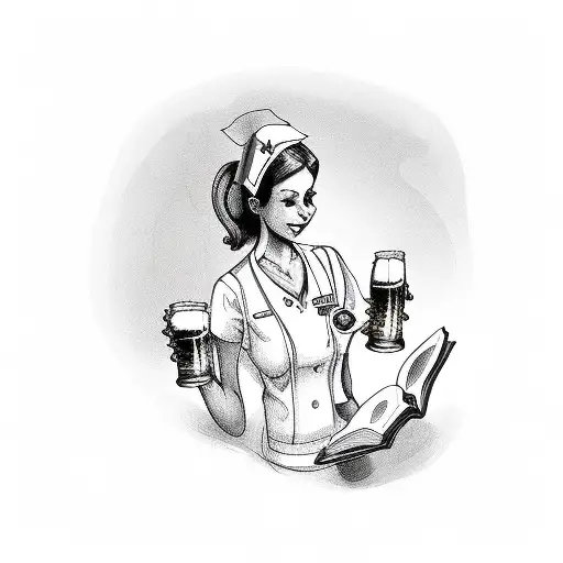 A Nurse Holding A Glass Of Beer With A Book In The Other Hand