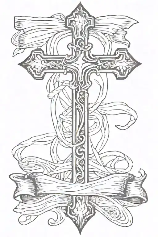 Simple Line Drawing Of A Cross With A Banner Wrapped