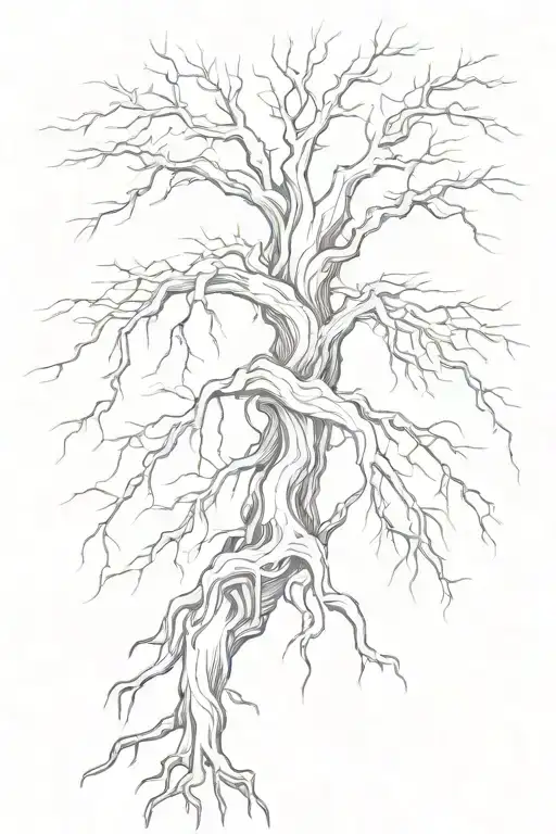 Big Old Tree Roots Exposed And Long Branches With Some Leaves