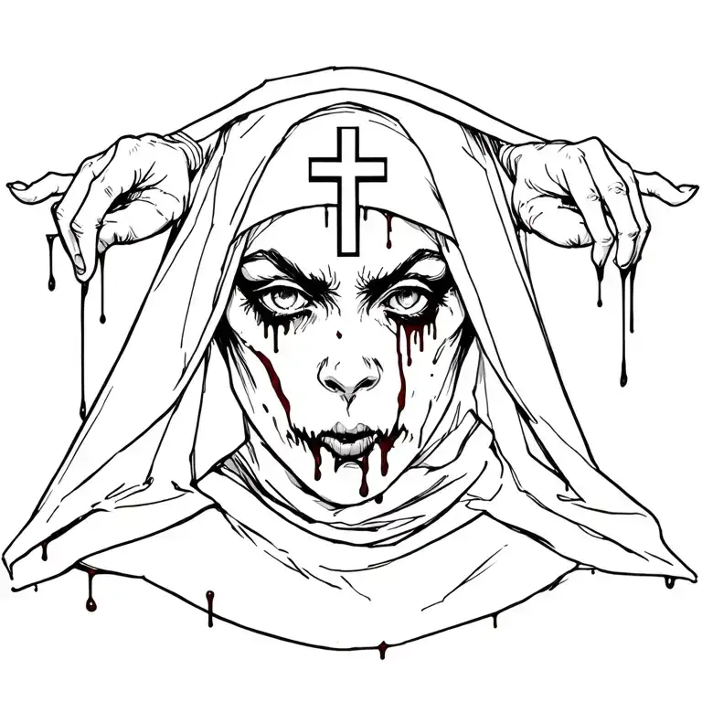 Evil Nun With Upside Down Cross On Forehead With Blood Dripping From Face