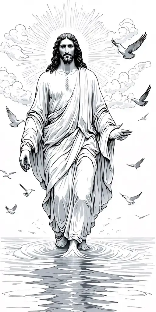 Heaven Jesus Walking On Water Clouds Doves Flying And Lights