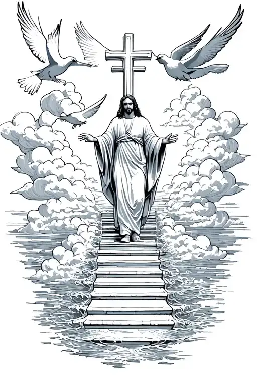 Heaven Jesus Walking On Water Clouds Doves Flying And Cross Stairway To Heaven