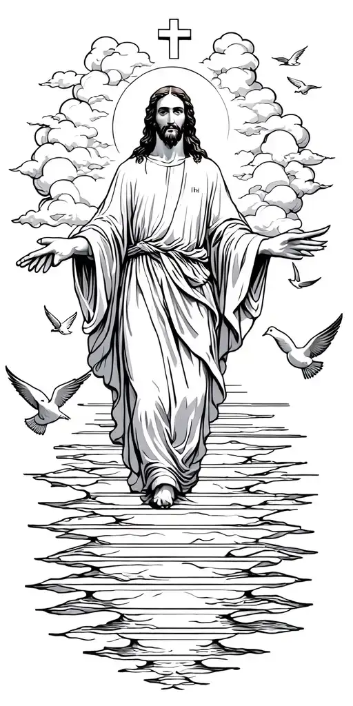 Heaven Jesus Walking On Water Clouds Doves Flying And Cross Stairway To Heaven