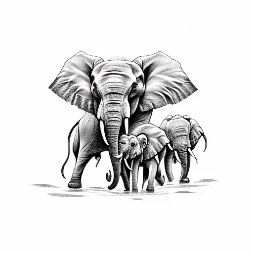 A Sketch-style Tattoo Showcasing A Group Of Elephants Trekking Through A Lush Jungle